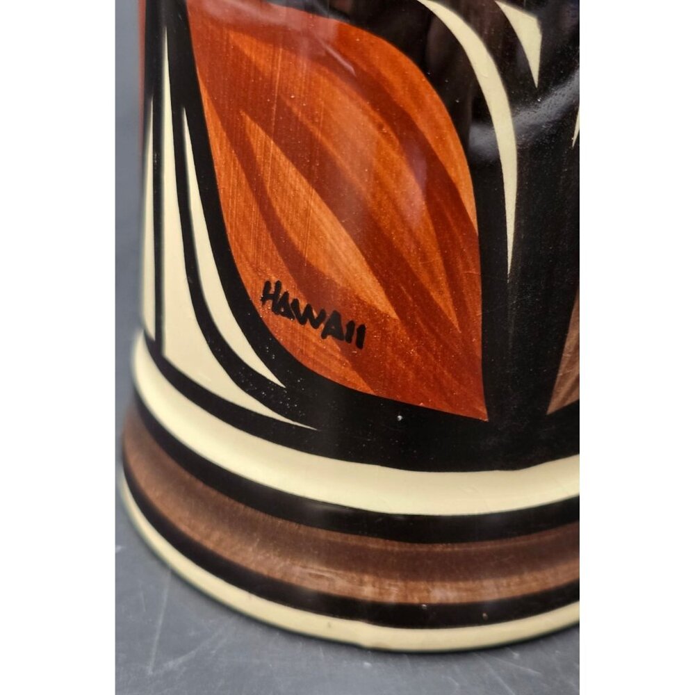 Vintage Hawaii Pottery Stein Mug Hand-Painted Brown & Cream Floral Design VL4007 - Picture 2 of 6
